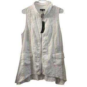 FOR CYNTHIA Linen Zip Front Vest Womens Size M White Rainbow Stitch Pockets